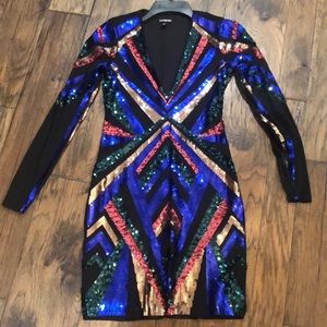Express Christmas Party/NYE sequin long sleeve deep-V mini dress XS